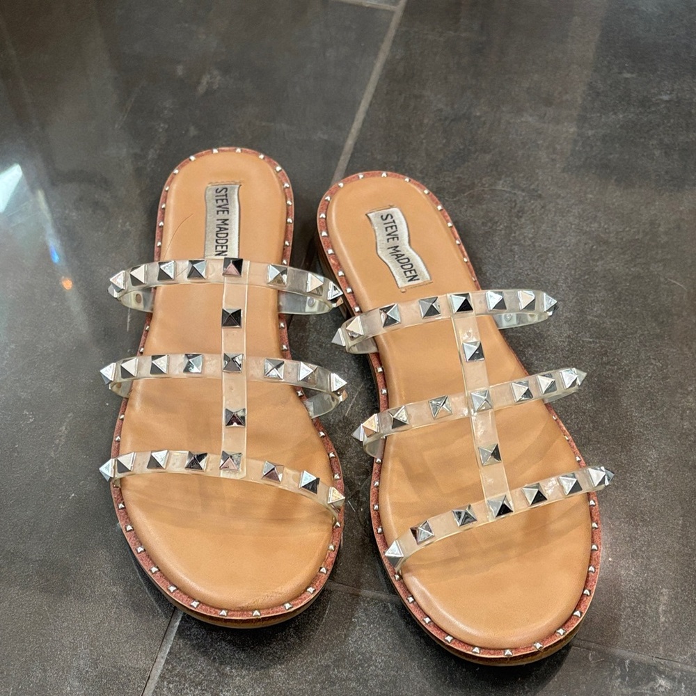 Steve Madden Silver and Tan Studded Sandals